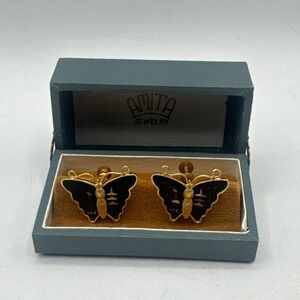 Amita‎ Two-Tone 24k Gold Painted Butterfly Screw Back Earrings W/ Original Box
